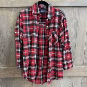 Red and Dark Brown Plaid Flannel Button-Up Shirt